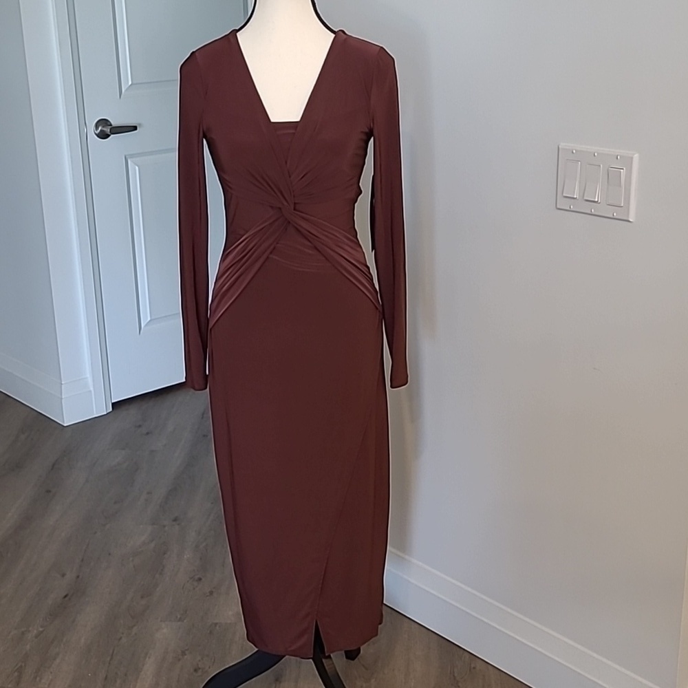 Rachel Roy Size XS Brown Onyx Longsleeve Solid Twist Midi Dress
